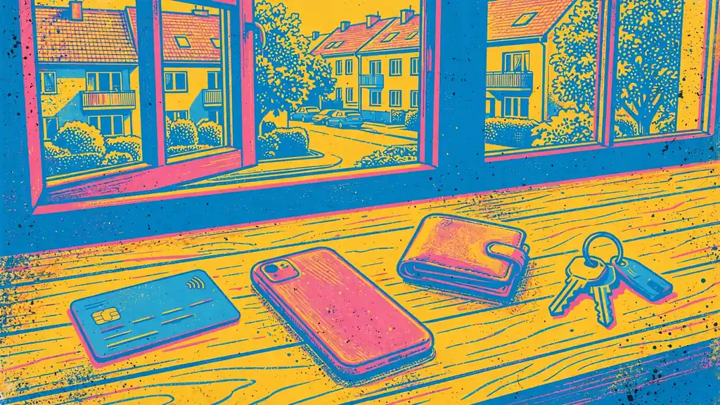 Blat kuchenny z kartą, telefonem, portfelem i kluczami przy oknie.