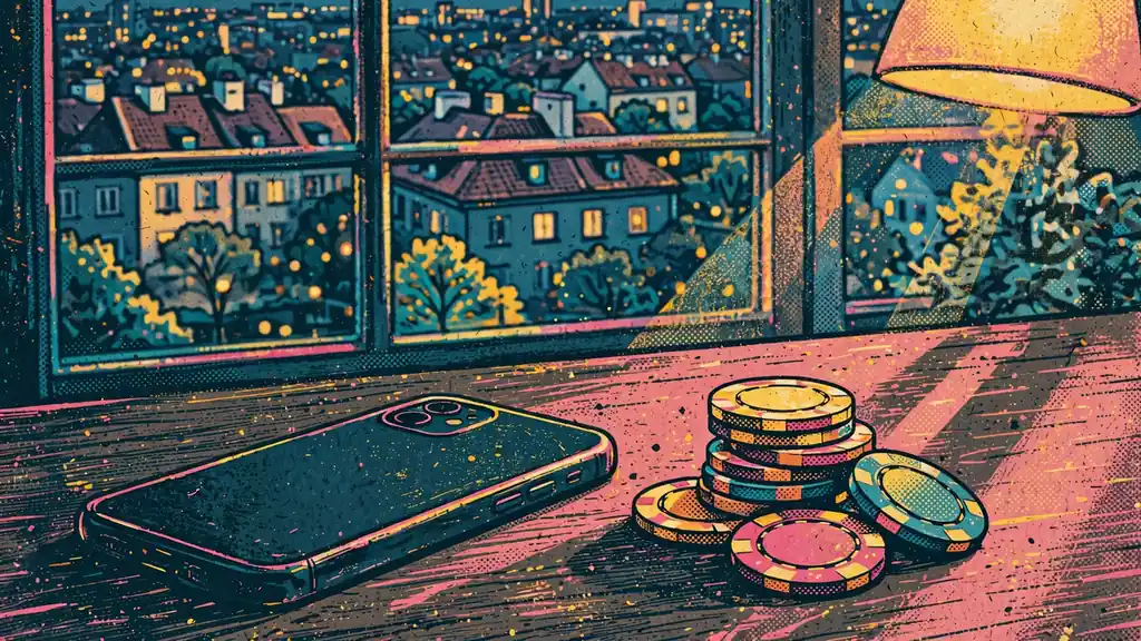 Smartfon obok żetonów kasynowych na stole w wieczornym wnętrzu