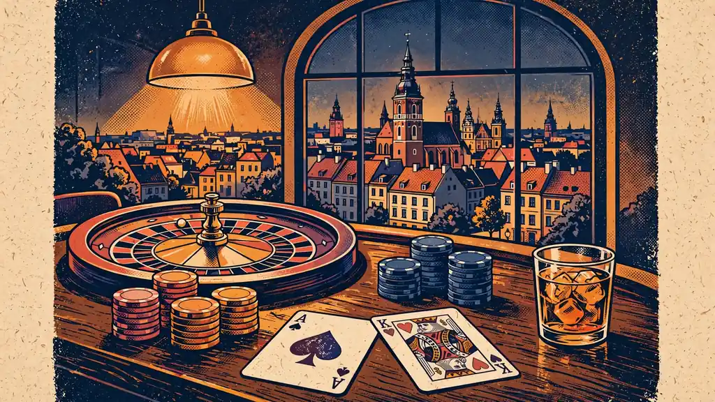 Stół kasynowy z żetonami i ruletką, w tle polskie miasto o zmierzchu