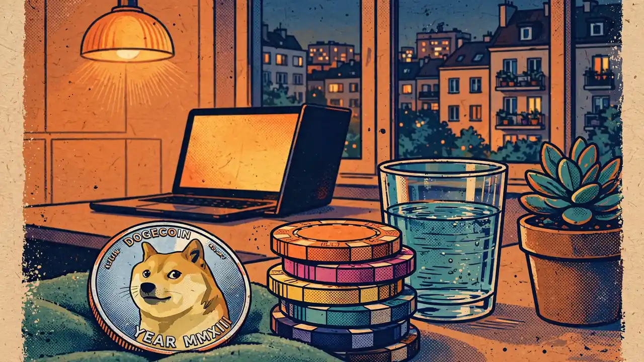 Moneta Dogecoin na zielonym filcu obok żetonów kasynowych