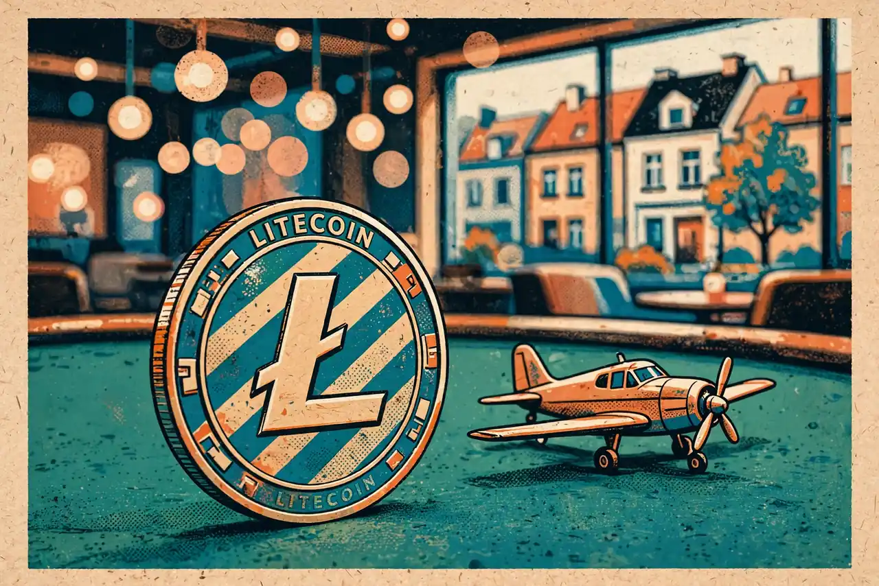 Moneta Litecoin na zielonym stole kasynowym obok modelu samolotu.