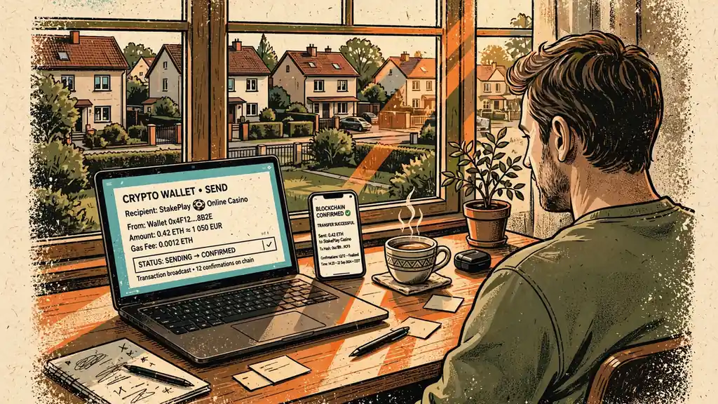 Wpłata tokenów Solana z laptopa na konto kasyna online, biurko w polskim domu