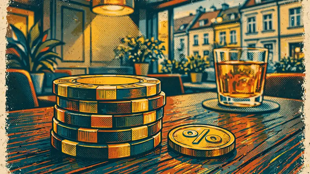 Stos żetonów kasynowych ze złotą monetą z symbolem procentu na stole