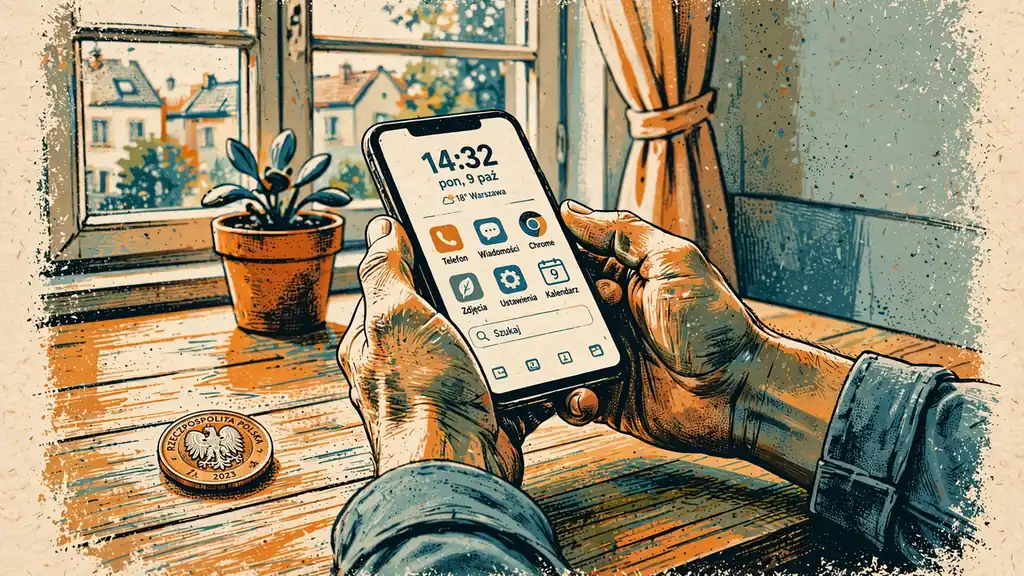 Dłonie trzymające smartfon obok monety 10 zł na stole