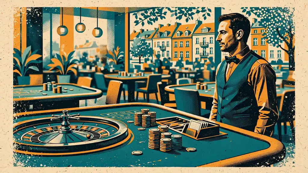 Krupier przy stole do ruletki w studiu kasyna na żywo