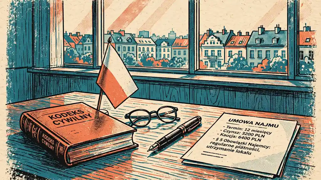 Biurko z książką prawniczą, okulary i długopis w nowoczesnym polskim biurze