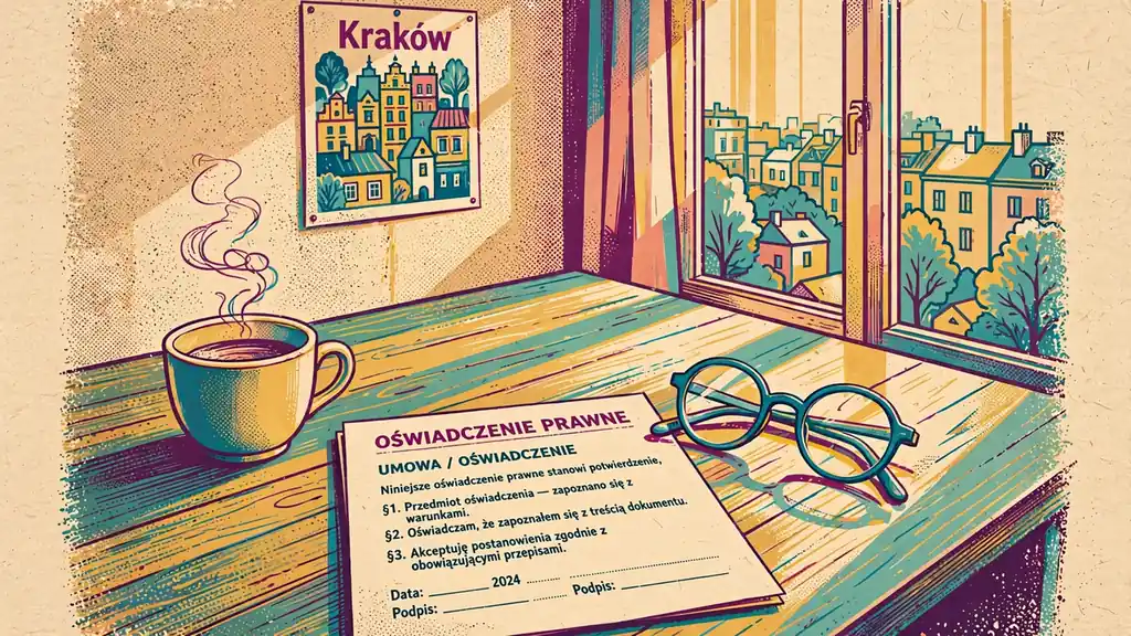 Dokument z wyłączeniem odpowiedzialności na biurku w polskim mieszkaniu.